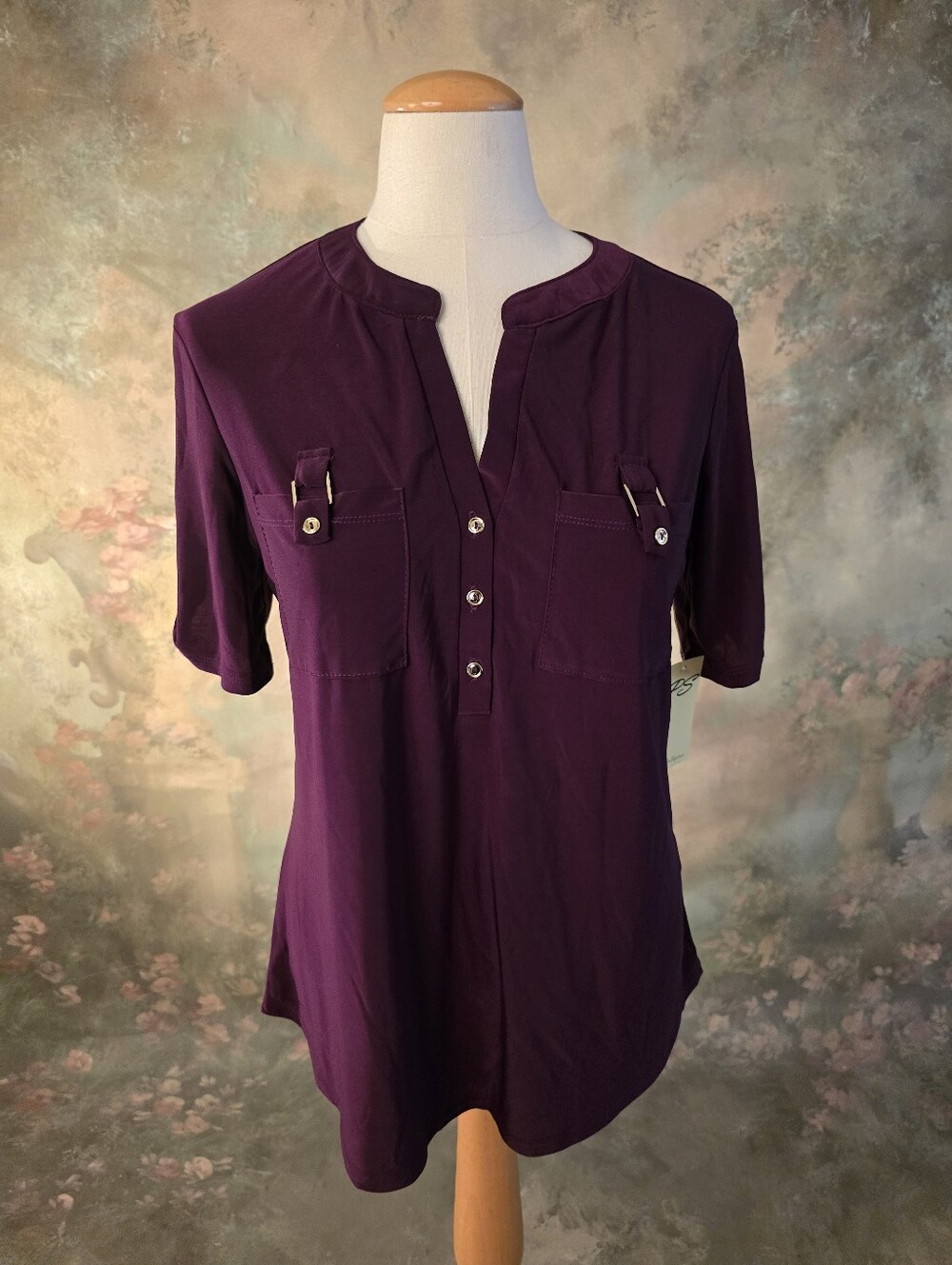 PerSeption Concept Plum Purple Blouse Notch Neck Pocket Detail  S